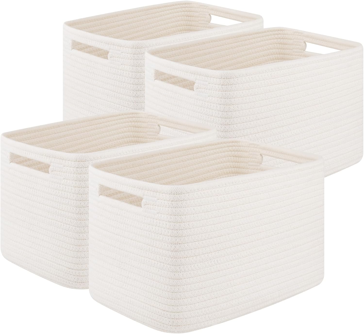 Storage Baskets for Organizing, Woven Decorative Baskets for Shelves - Books, Towels, and Clothes, Cotton Rope Toy Storage Bins, 12.7''Lx9''Wx7.8''H, Pack of 4, White