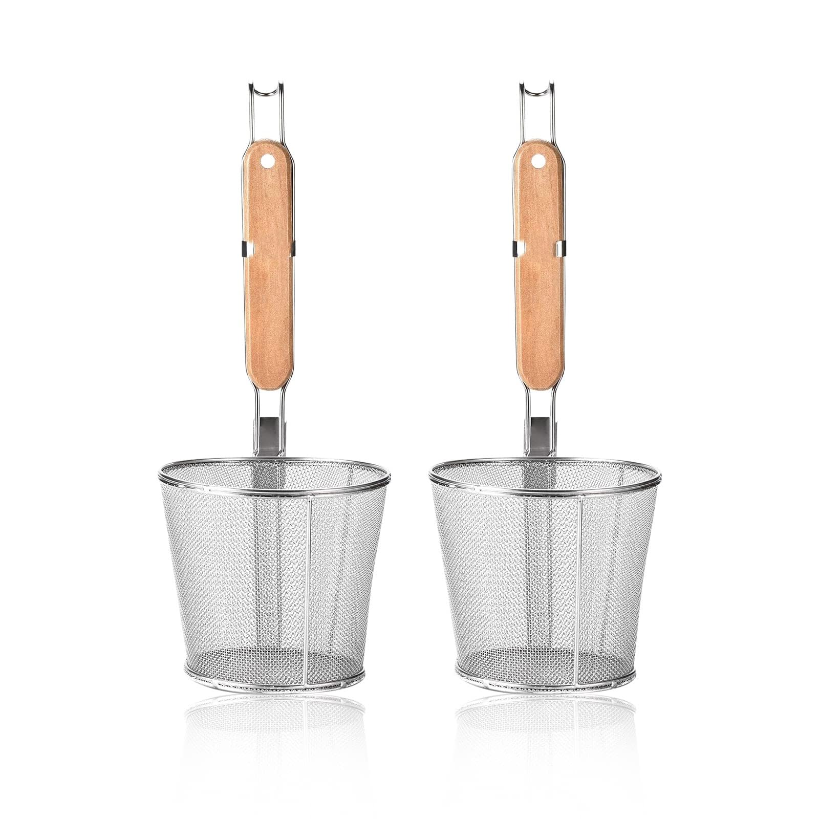 Azonee 1 Pieces Mesh Pasta Basket with Wood Handle Noodle Pasta Colander Stainless Steel Mesh Spider Strainer, For Boiling Food Spaghetti Dumpling (Dia 5.5inch/14cm)