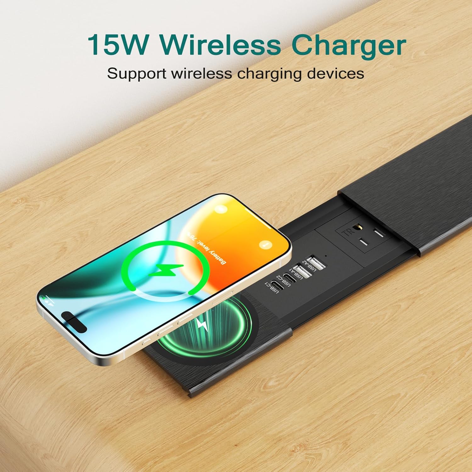 QBA Recessed Power Strip with 15W Wireless Charger, PD 30W USB C, 3 TR AC Outlets, Flush Mount Power Strip with Sliding Lid, for Desk Furniture Conference Table, Black