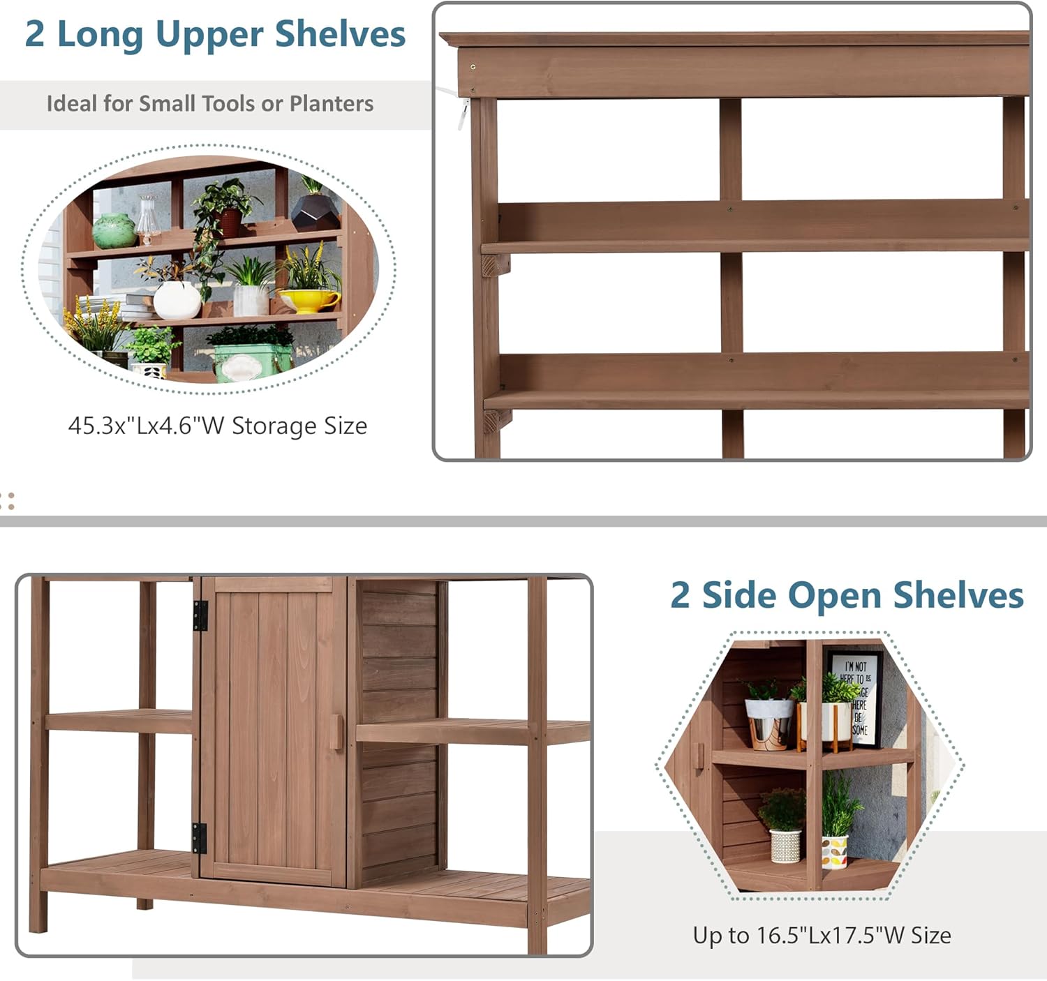 Wooden Outdoor Potting Bench Table Farmhouse Garden Workstation with 2 Drawers & 1 Cabinet & Open Shelves for Backyard Mudroom, Brown