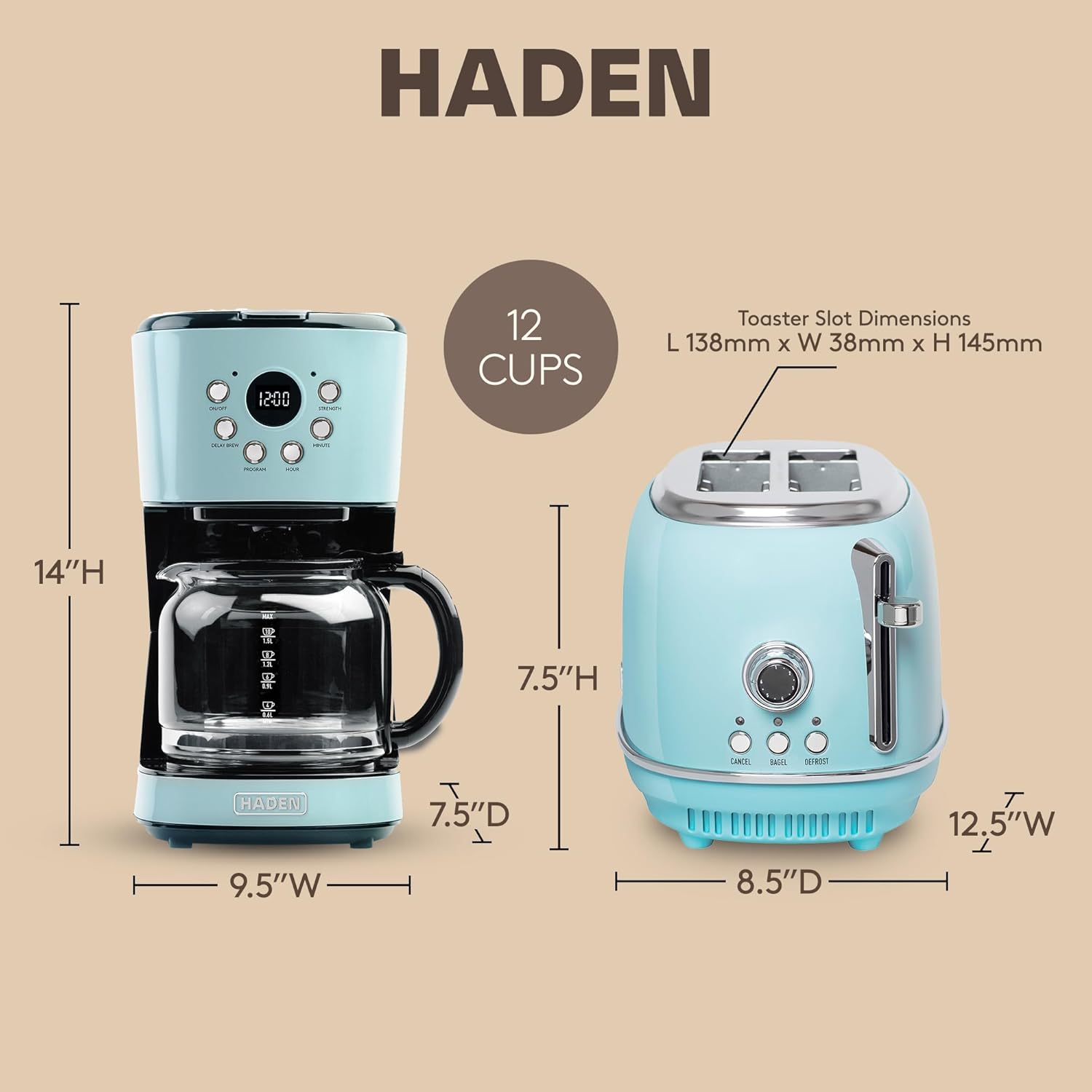 HADEN Heritage 12 Cup Programmable Vintage Retro Home Coffee Maker Machine with Heritage 2 Slice Wide Slot Stainless Steel Bread Toaster, Turquoise