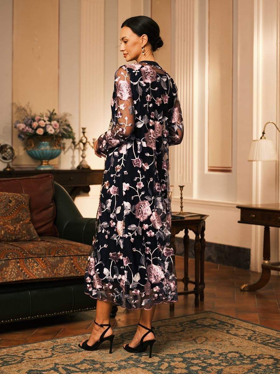 Women's Maxi Dresses 2 Piece Outfit Wedding Guest Cocktail Tea Party Dress Ruffle Lace Floral Casual Formal Evening Dress - Image 3