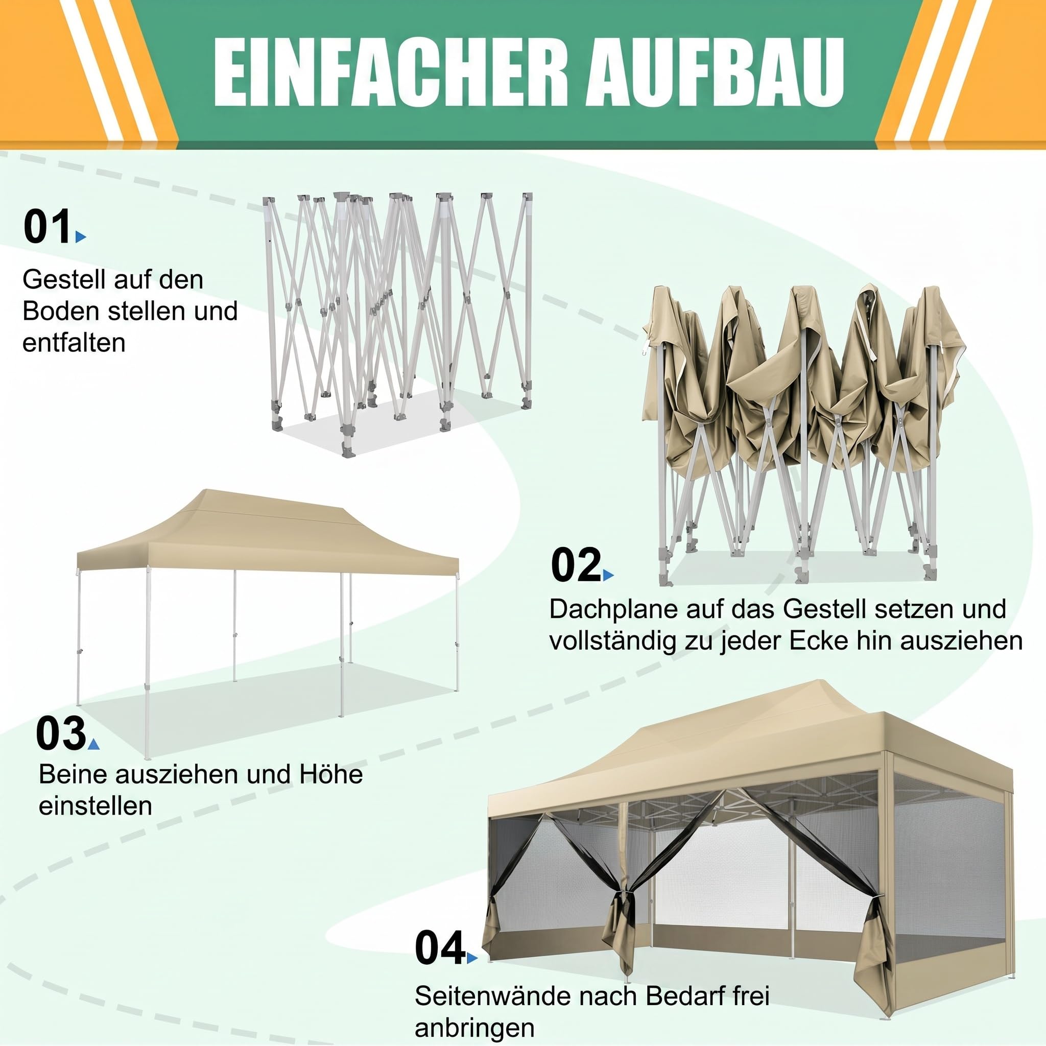 COBIZI Faltpavillon 3x6 m mit Moskitonetz, wasserdicht, stabil | UV-Schutz 50+, 3-fach höhenverstellbar, 6 Seitenwände, robustes 420D Oxford-Gewebe, mit Aufbewahrungstasche mit Rollen