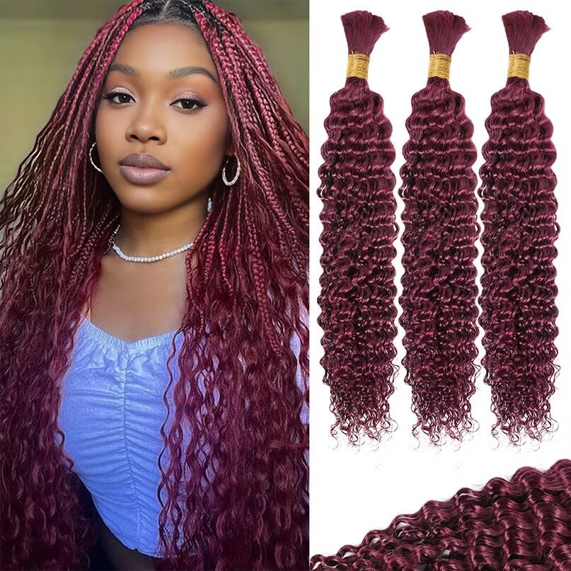 12A 99J Burgundy Red Human Braiding Hair for Boho Braids 3 Bundles 24 Inch 100g Deep Wave Braiding Hair for Bohemian Knotless Braids 100% Unprocessed Brazilian Virgin Bulk Hair Extensions No Weft