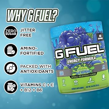 G Fuel Chug Rug Energy Drink Powder, Pre Workout Caffeine Mix for Gaming, Sugar Free Focus Amino, Vitamin + Antioxidants, 10.44oz (Sour Blue Raspberry, 40 Servings)