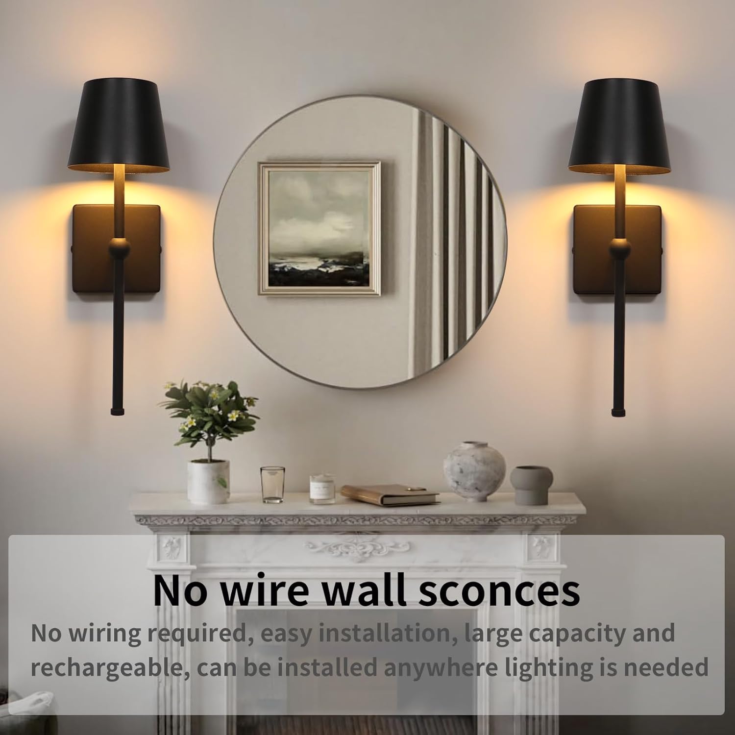 Battery Operated Wall Sconce Rechargeable Wireless Cordless Wall lamp Decor Set of Two Black for Bedroom Living Room Bedside