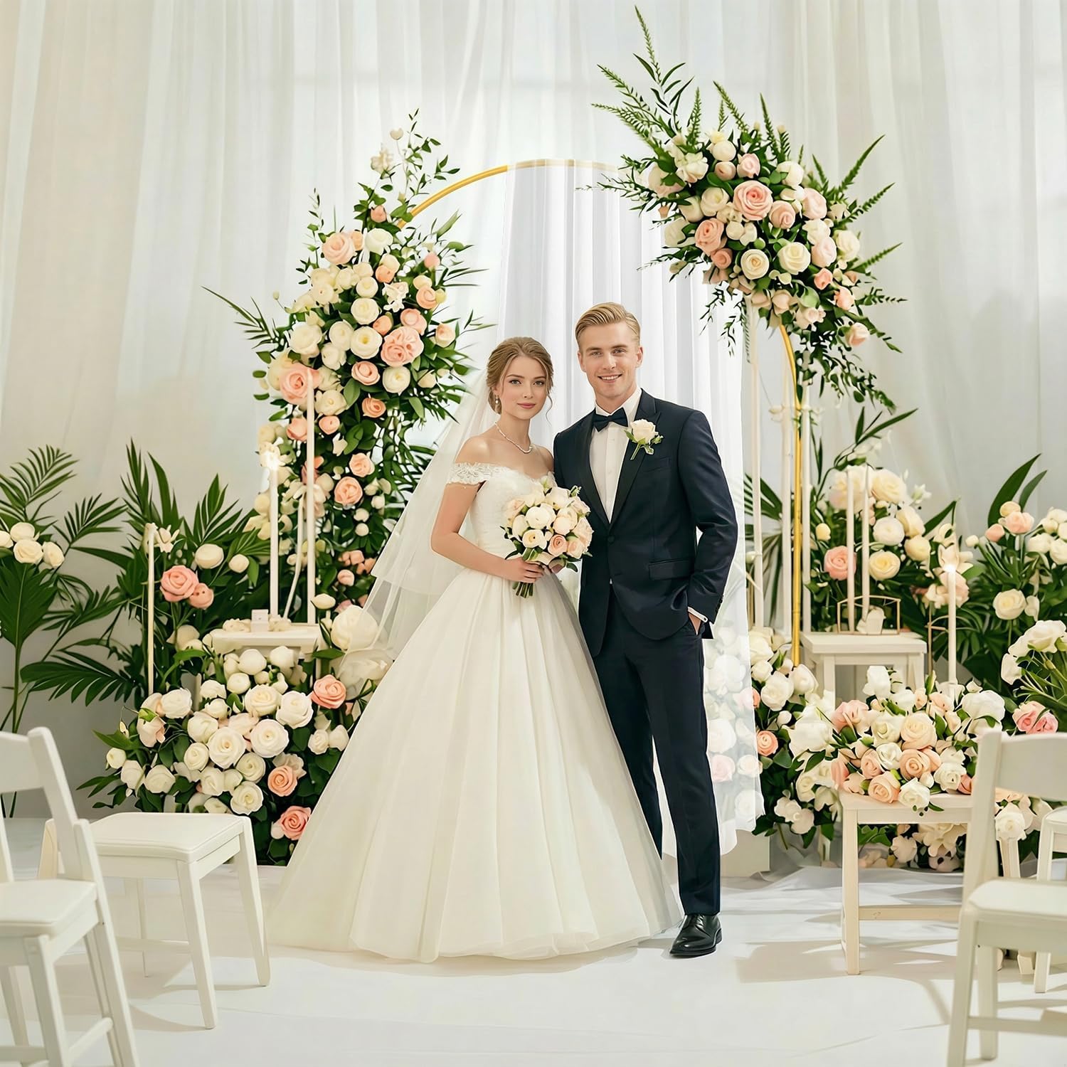 Arch Backdrop Stand, 7ft x 8ft Heavy Duty Backdrop Stand with 28" x19FT Wedding Arch Draping Fabric Wedding Arch Frame with White Fabric Drapes for Birthday Party Graduation Ceremony Decoration gold & white