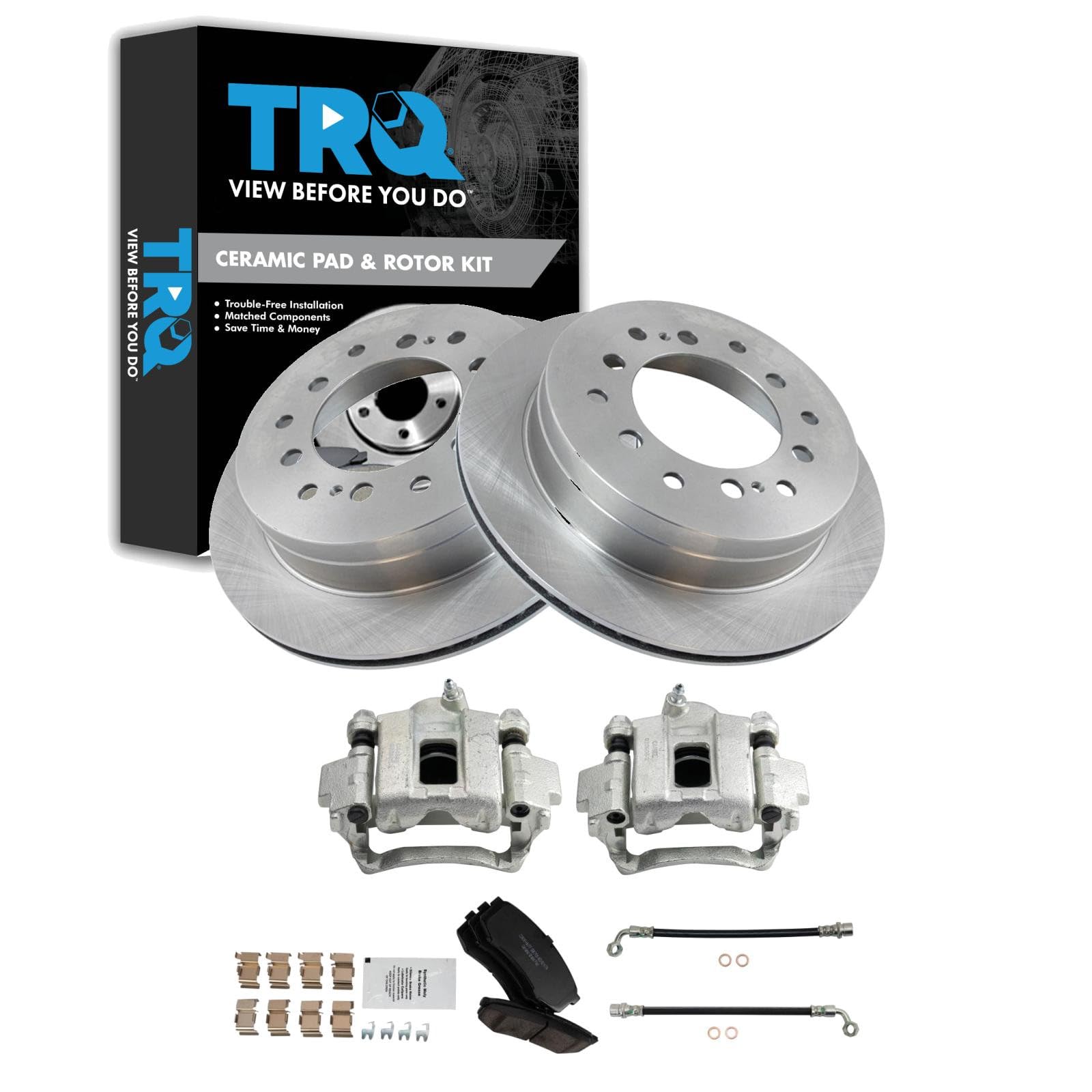 TRQ Rear Brake Pad and Rotor Set Ceramic Rotors Calipers Compatible with 2003-2009 Lexus GX470