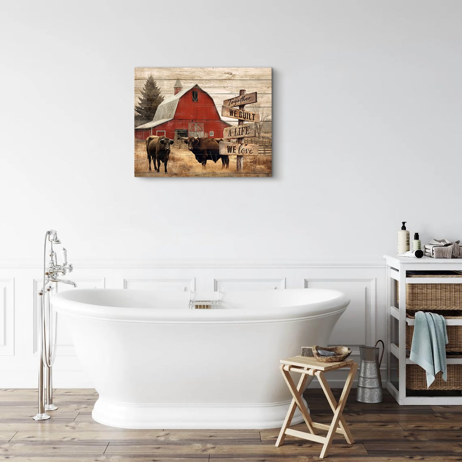 Stampa artistica da parete rustica con fienile e mucche rosse, citazione ispiratrice, immagini da parete in stile country, decorazione per la casa, opera d'arte incorniciata per bagno, camera da
