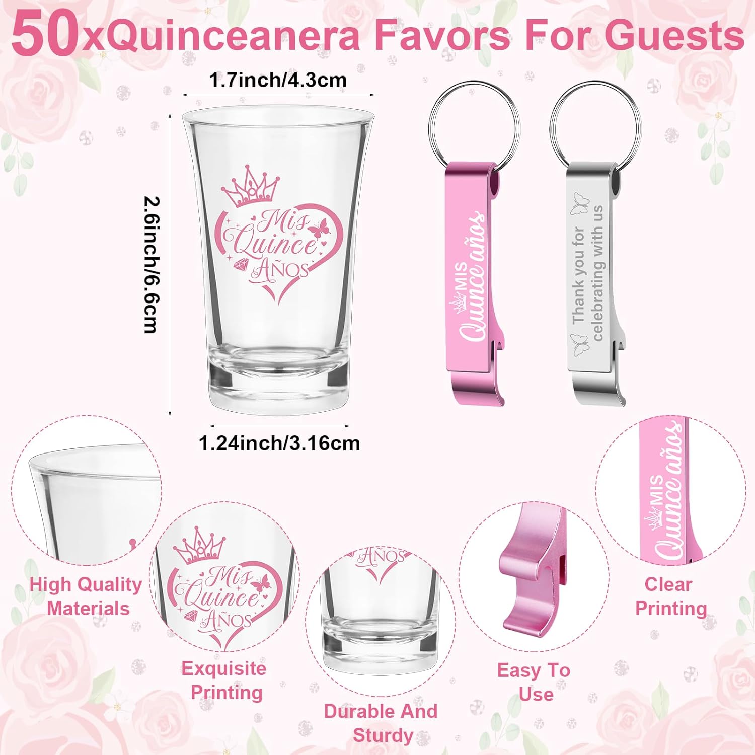 50 Sets Quinceanera Party Favor for Guest Quinceañera Acrylic Shot Glasses Sweet 15 Clear Shot Glasses with Bottle Opener Card Bag Mis Quince Anos Supplies for 15 Year Old Birthday Party