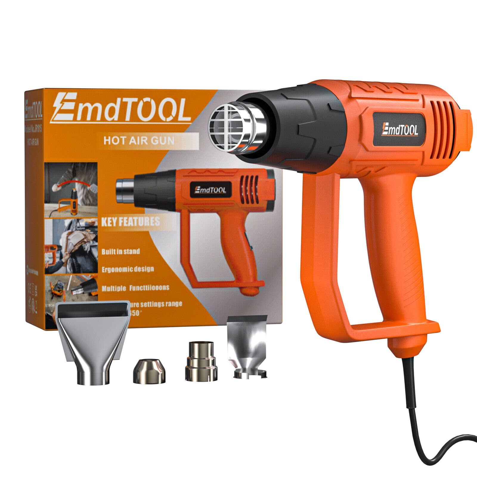 2000W Professionelles Heißluftgebläse 2 Variable Temperatur 300/600°C, Heißluftpistole Kit mit 4 Düsen für Schrumpfen von PVC, Auflösen von Klebstoffen, Orange