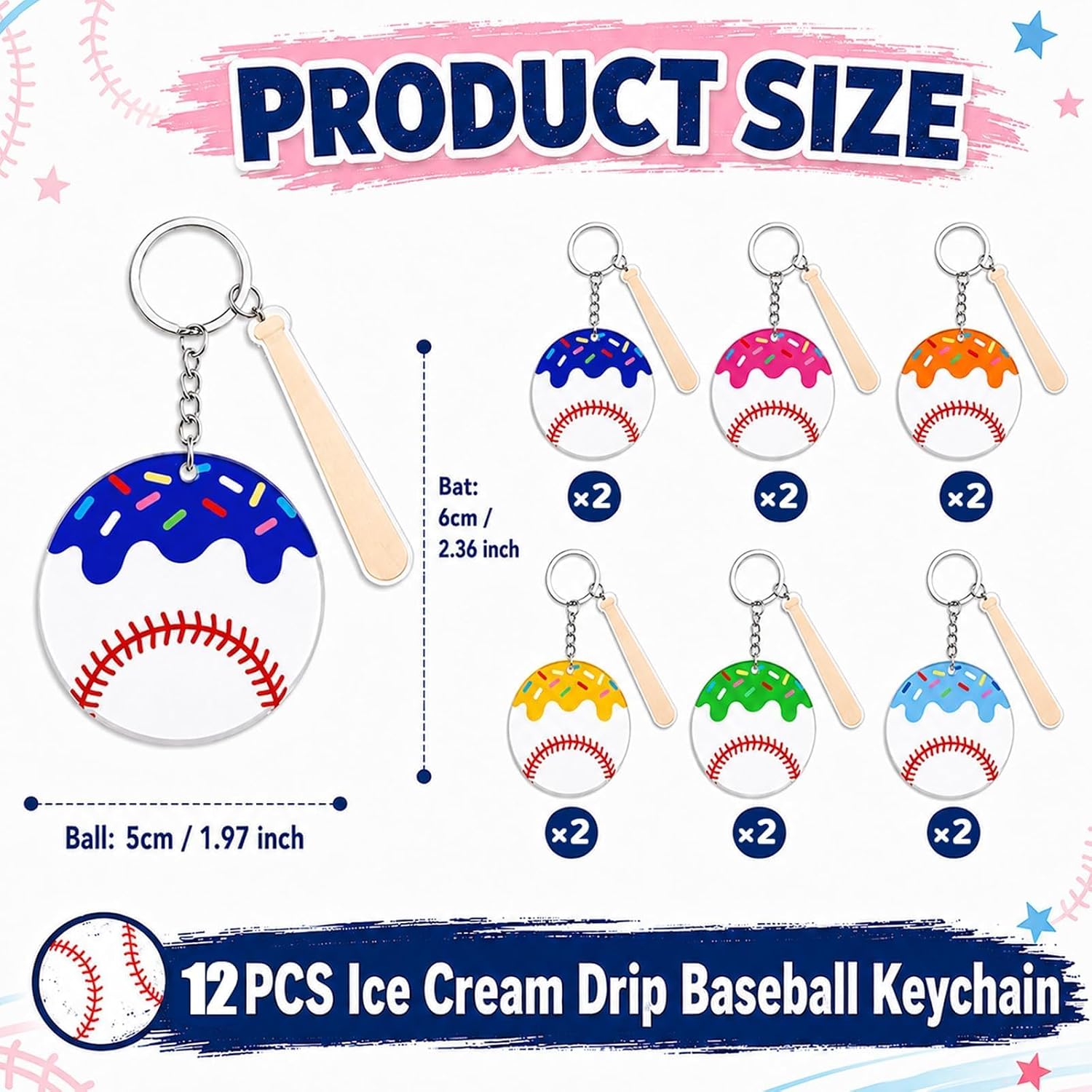 party greeting 12Pcs Ice Cream Drip Baseball Keychain with Mini Bat Acrylic image 2