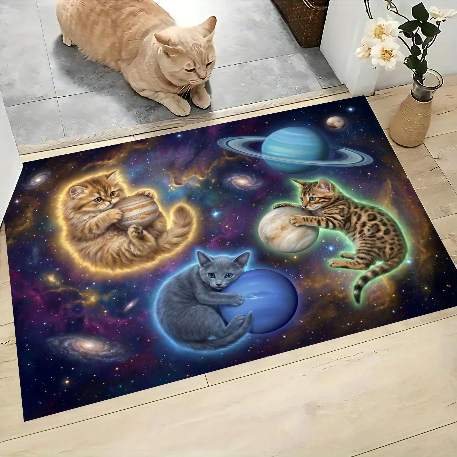 Felpudo de Entrada 80x120cm, Alfombra Sueño Surrealista Atrapapolvo Alfombra Gato Espacial Antideslizante Lavable, Alfombrilla con Microfibras Suaves Absorbentes para Puerta, Pasillo, Azul Marino