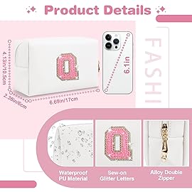 Small Initial Patch Makeup Bag Personalized Gifts Make Up Bag,White Cute PU Leather Glitter Letter Cosmetic Bag with Zipper,Trendy Portable Travel Toiletry Pouch,Preppy Stuff for Teen Girls Women Q