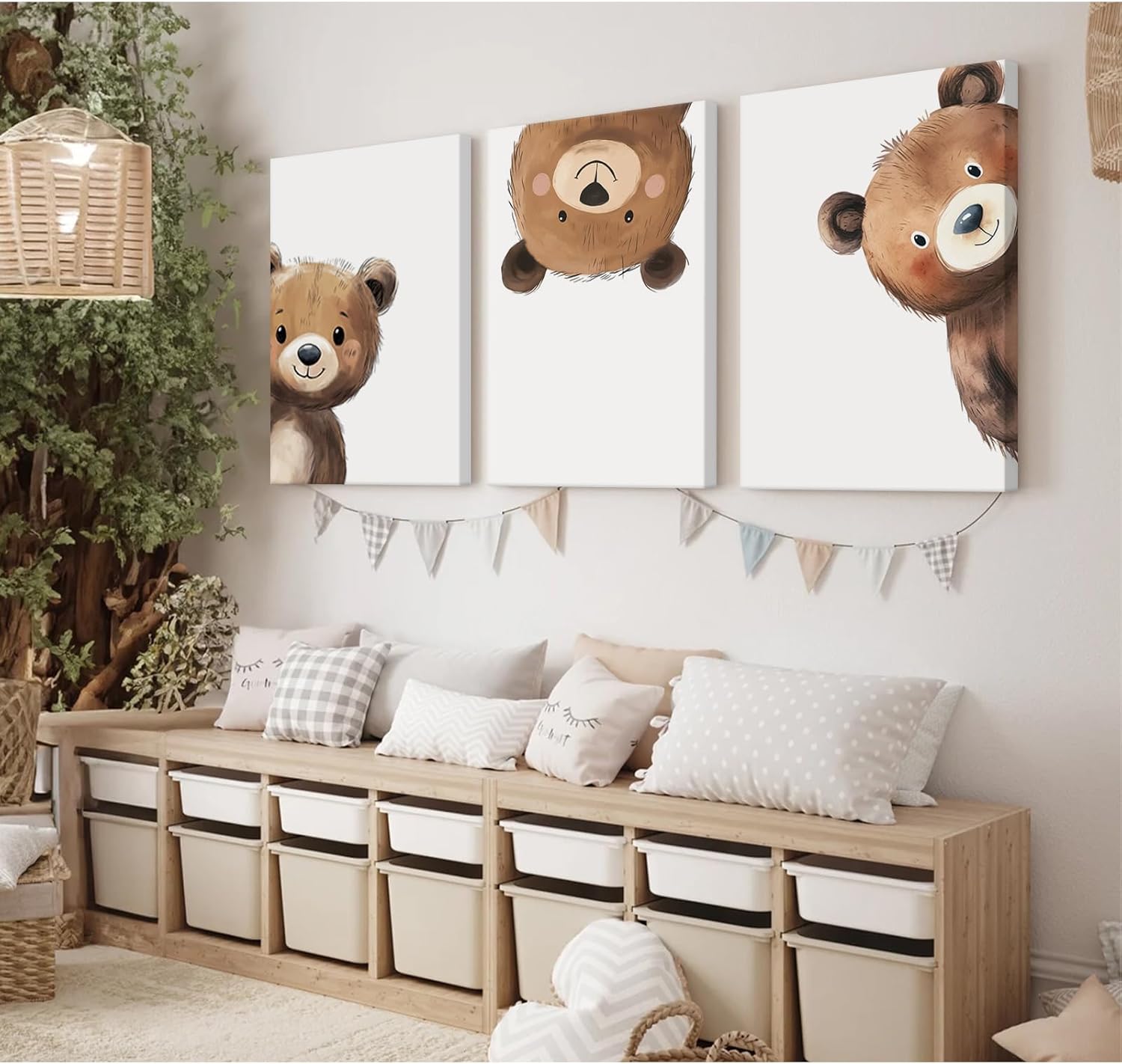 Bear Nursery Wall Art Decor Kids Canvas Poster Baby Boy Nursery Wall Decor Woodland Animal Pictures Teddy Peeking Bear Prints Cute Brown Painting Neutral Artwork Bedroom 16x24x3 Inch Ready to Hang