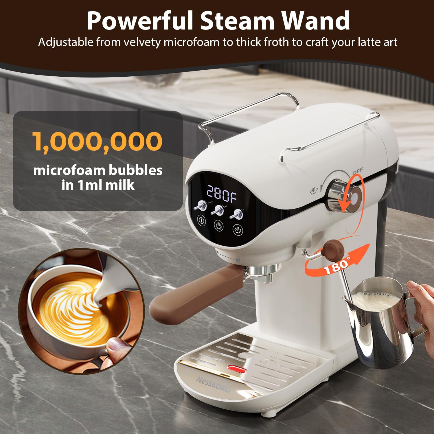 Nesskoko Espresso Machine with Steam Milk Frother Semi Automatic 20 Bar Compact White with Toggle Switch for home Cafetera Espresso, Latte, Cappuccino, Americano, Macchiato — view 4