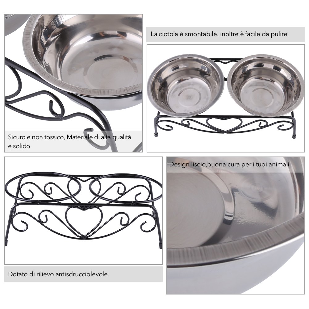 Yosoo Ciotola Doppia con Supporto Retro - in Acciaio Inox per Animale Domestico Cane Gatto Alimentatore, con Gommini Antiscivolo, 13,5cm, Argento