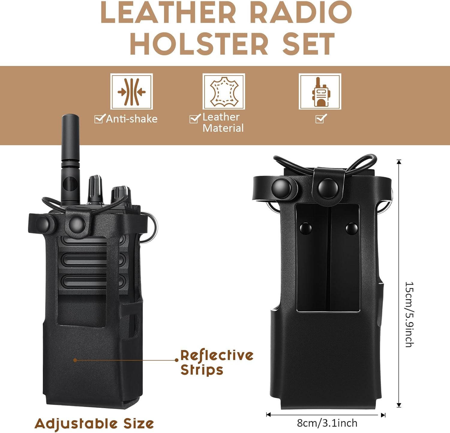 Radio Strap Firefighter Leather Radio Holster Bundle Set Includes Holster, Strap, sway Tape, Cord Keepers for Firefighters EMS EMT Polices (Classic)