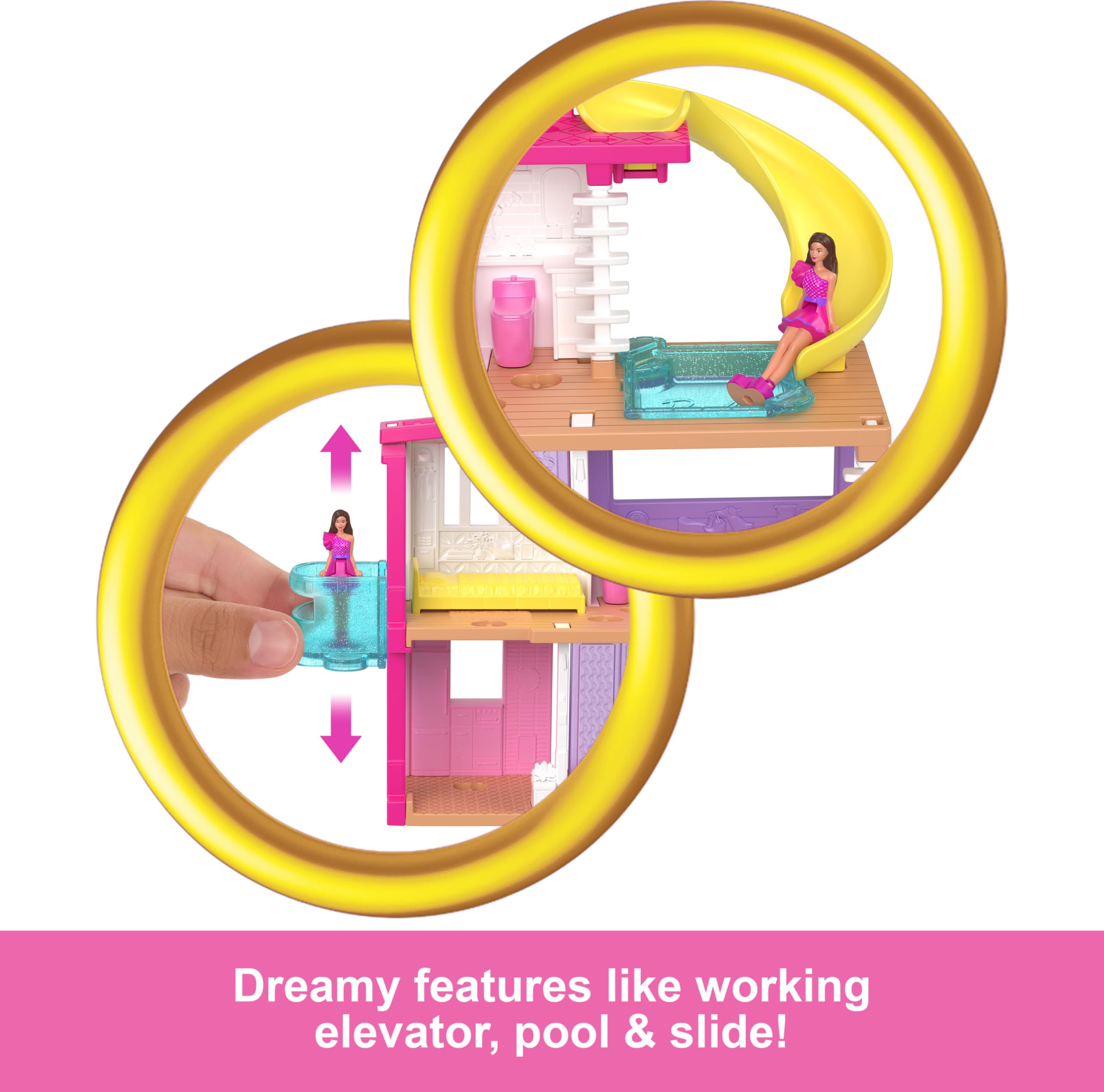 Barbie Zestawy domków dla lalek Mini BarbieLand, mini domek marzeń z 1,5-calową lalką Barbie z niespodzianką, meblami i akcesoriami oraz windą i basenem, HYF47