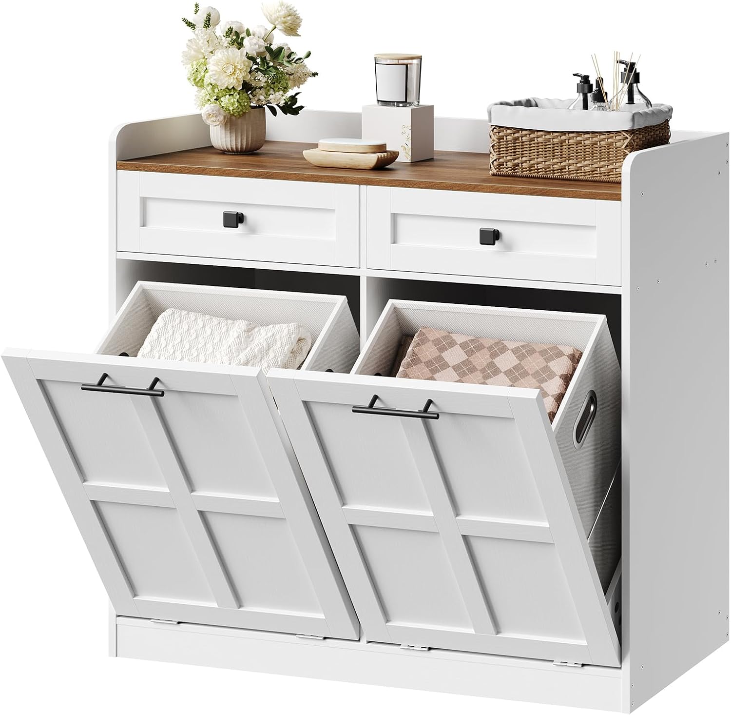 HOOBRO Double Laundry Hamper Cabinet, 25 Gallon Farmhouse Laundry Cabinets and Storage Drawers, Wooden Hidden Laundry Laundry with 2 Baskets for Bathroom, Kitchen, White and Walnut WH42XY01