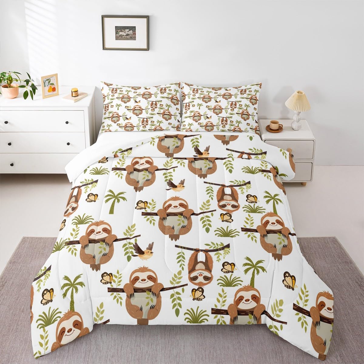 Feelyou Sloth Comforter Set Queen Size, Cartoon Sloth Comforter Set Kawaii Animals Comforter Kids Toddler Botanical Branches Duvet Set with 2 Pillow Case