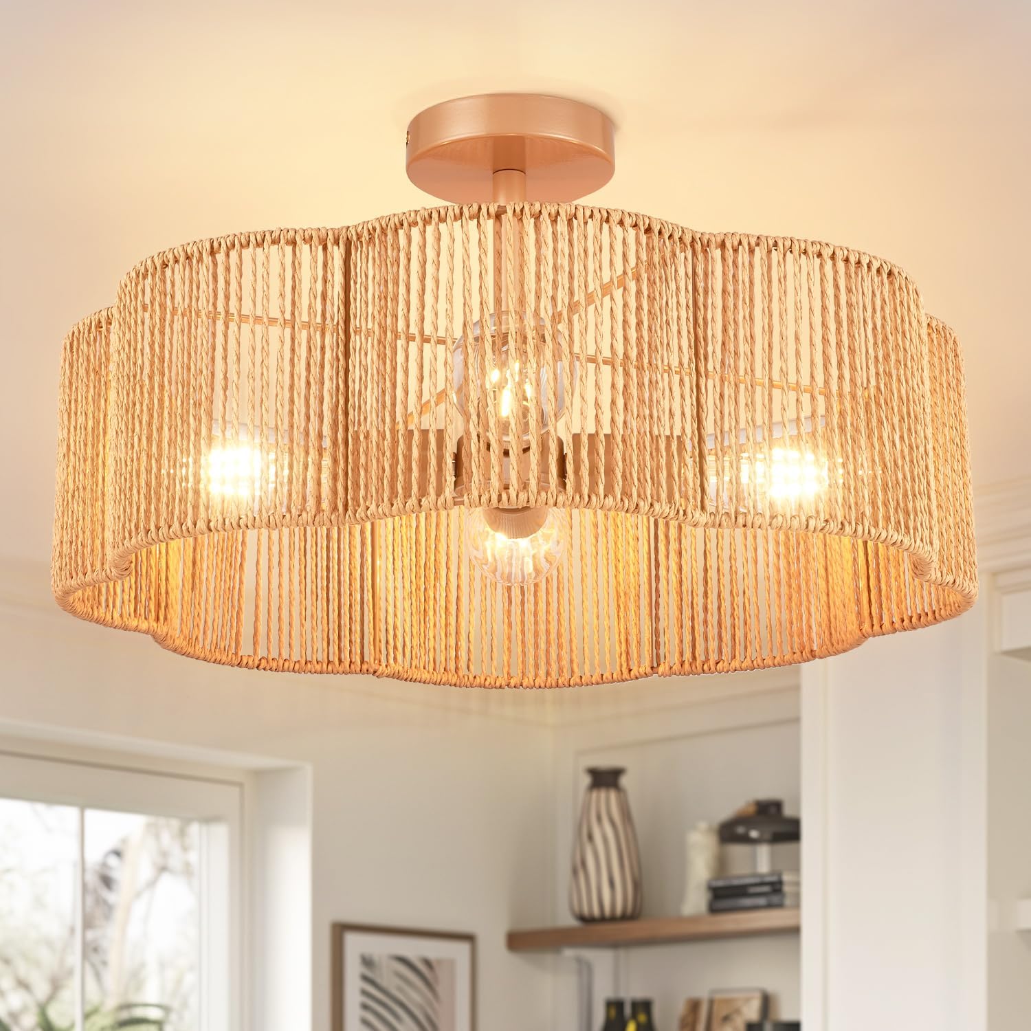 Hamilyeah 20 inch Boho Scalloped Flush Mount Ceiling Light Fixture with Rattan Shade, Gold Woven Light Fixture Ceiling Mount with 4 Light for Living Room, Bedroom, Kitchen