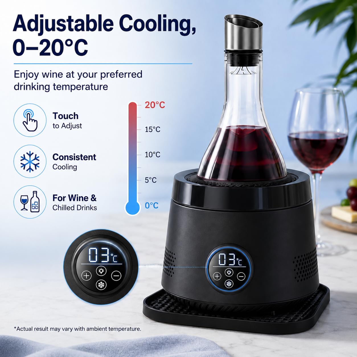 Enfriador eléctrico con aireador para Bar doméstico Black | Aireación rápida, enfriamiento ajustable, diseño elegante de encimera, vertido fluido, disfrute diario del vino