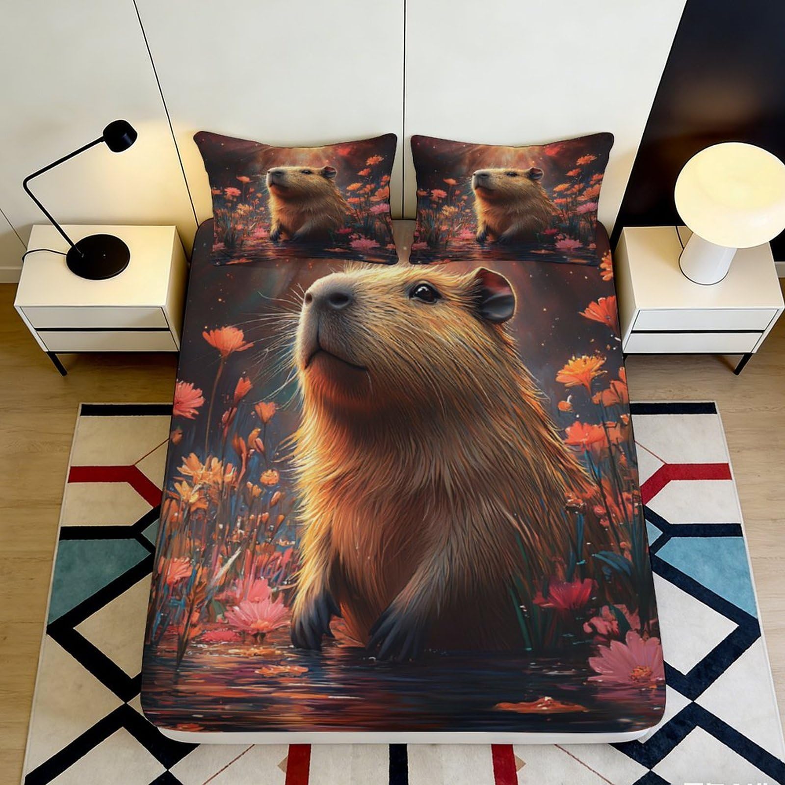 3D Printed Capybara Meadow Fitted Sheet Microfiber Soft Bed Cover Orange Flowers Bedroom Decor Mattress Protection 90x200x25cm