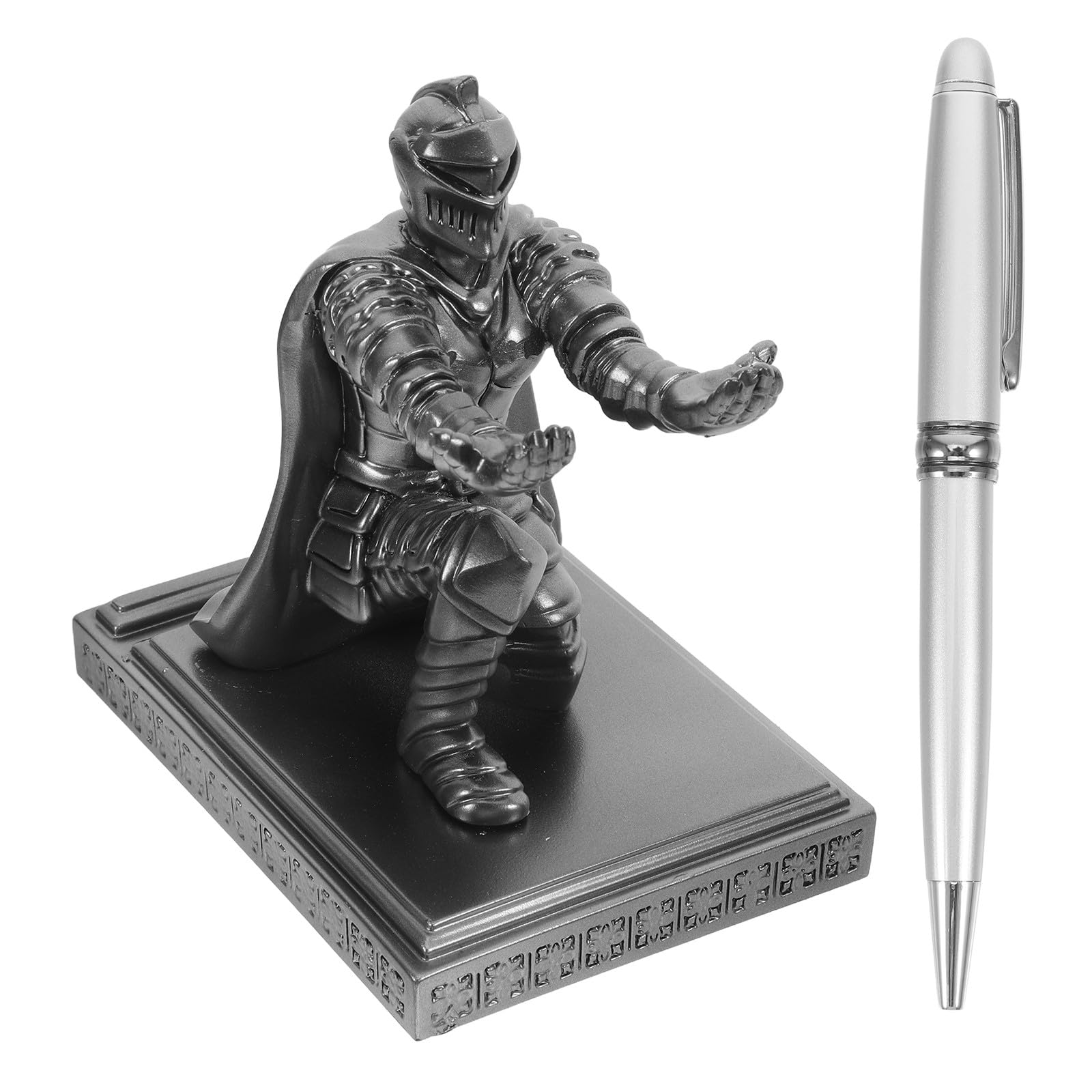 SHINEOFI Einzigartiger mit Stift Stifthalter Ritter aus Edelstahl und Kunstharz Elegante Schreibtischdekoration Silber für Büro und Schreibtisch Zubehör Satz