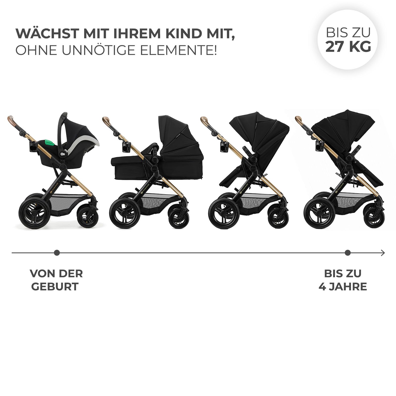 Kinderkraft MOOV 2 XL AIR Kinderwagen 3 in 1 Kinderwagenset bis 27 kg mit Kindersitz I-SIZE 40-75 cm, Große aufblasbare Räder mit Dämpfung, Verwandelbarer 2-in-1 Sitz, Babywanne, Zubehörsatz, Schwarz