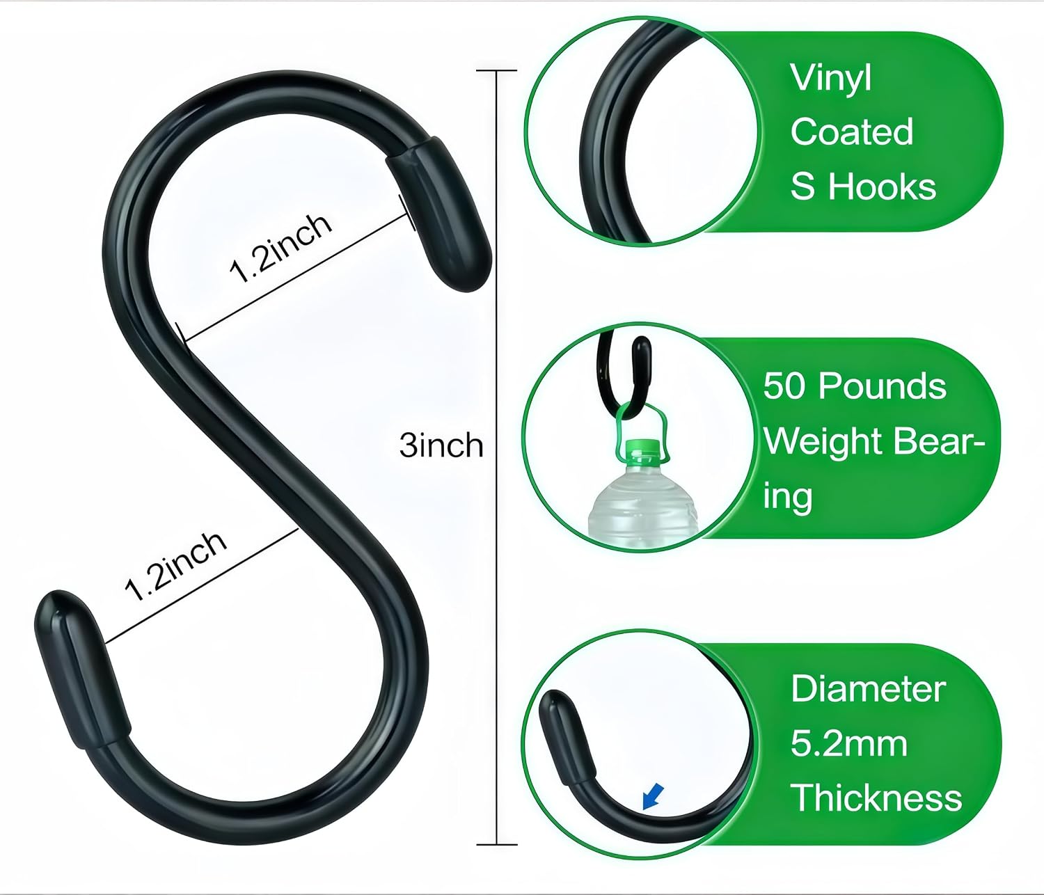 3 Inch Vinyl Coated S Hook,S Hooks for Hanging Plants ,10 Pack Non Slip Heavy Duty S Hooks ,Small Rubber Coated Steel Metal Black Closet S Hook for Hanging Plants Pan Cups Towels(Black, 10 Pack)