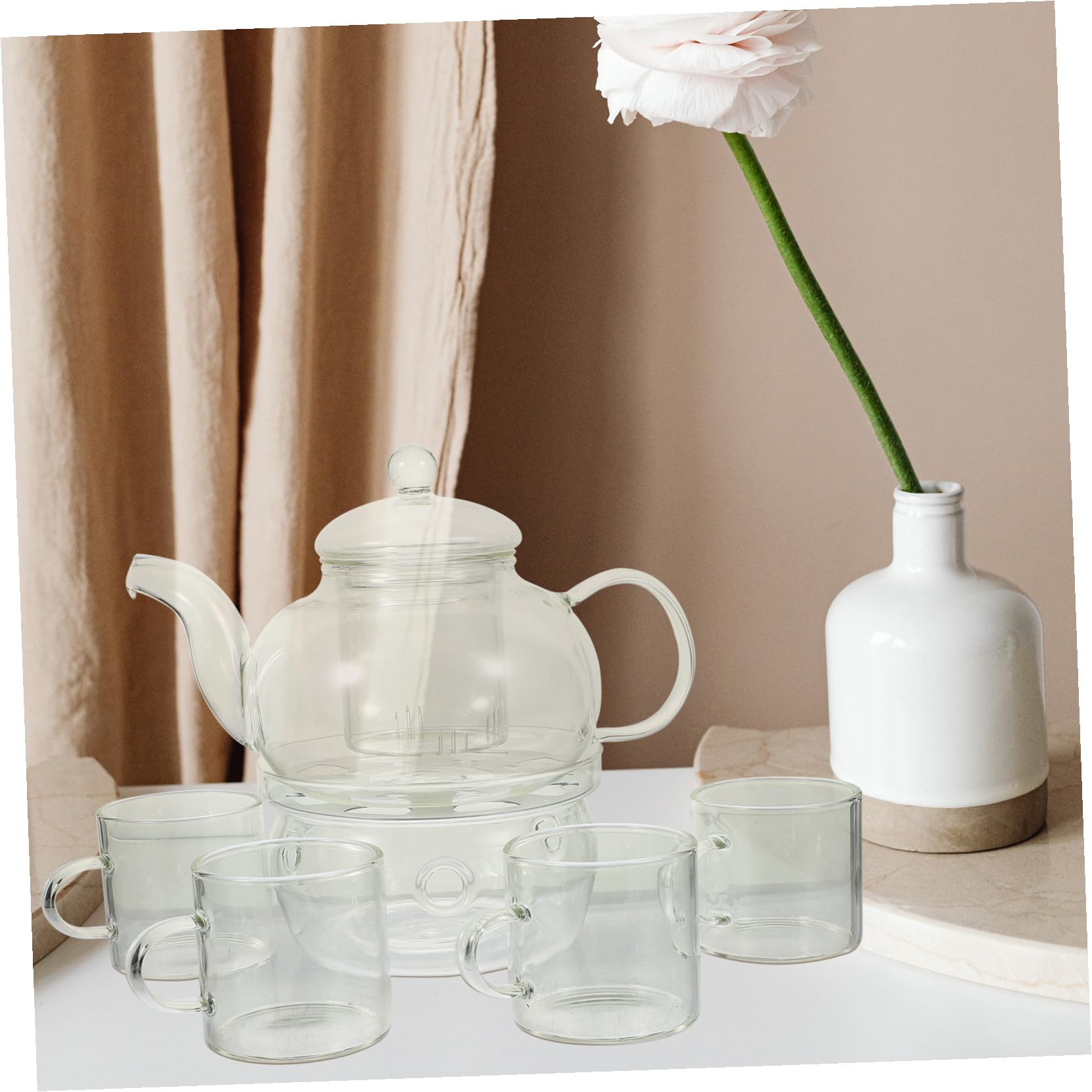 Cabilock Glas Teekanne mit Tassen Teesieb und Griffdesign für Teezeremonie Geeignet für Zuhause Büros und Tee-Liebhaber