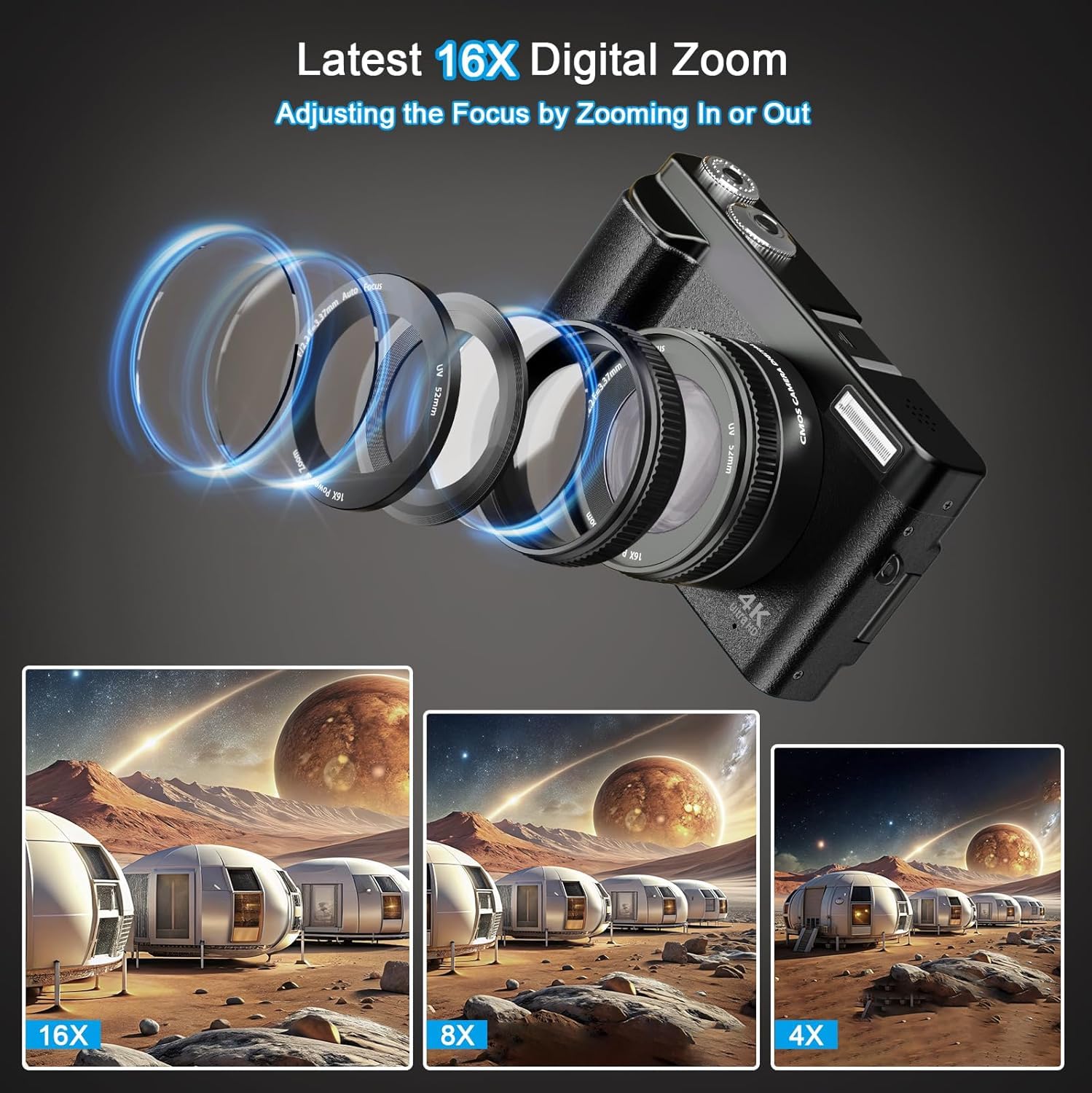 Fotocamera Digitale 4K, 48MP Autofocus Macchina Fotografica con Zoom 16X, Vlog Fotocamera Compatta HD con Stazione di Ricarica, 2 Batterie, Scheda da 32 GB per Principianti, Bambini