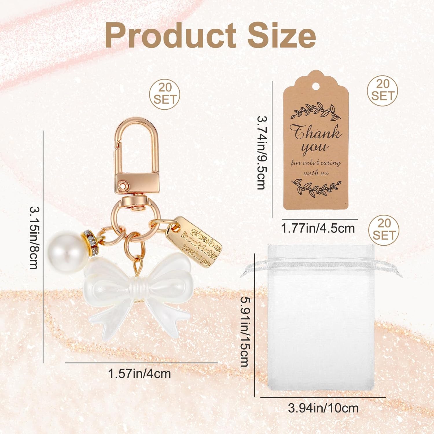 20 Set Bow Keychain Bridal Shower Favors Wedding Favors for Guests Includ Bow Pearl Keychains Thank You Cards & Gift Bags Party Souvenir for Baptism Bridal Shower Wedding(White) - Image 2