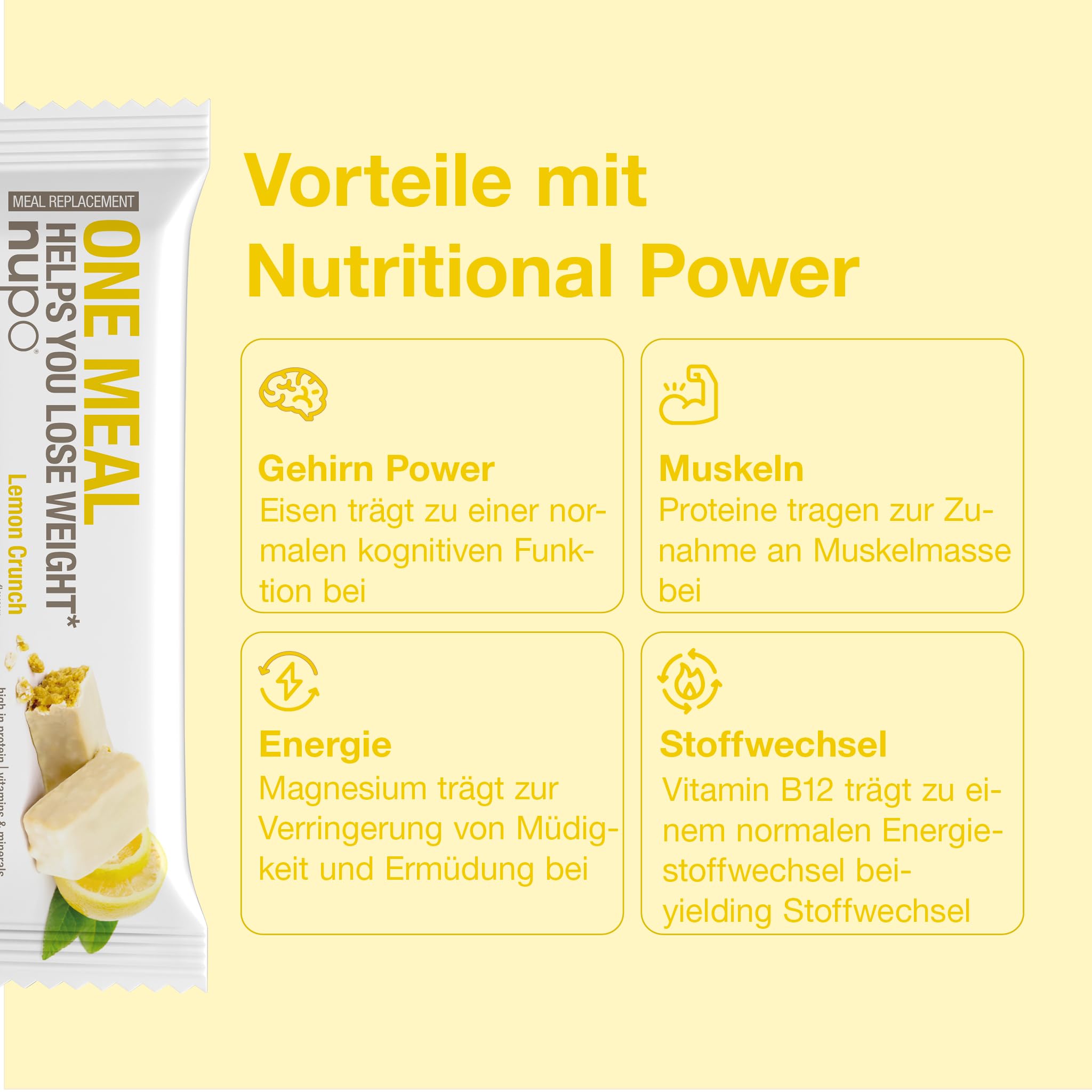 NUPO One Meal Bar - Lemon Crunch (15 x 60g) I Leckerer High Protein Riegel zum Abnehmen | Mahlzeitenersatz Protein Bar Low Sugar I Kalorienarme Snacks mit Nährstoffen Vitaminen und Mineralien