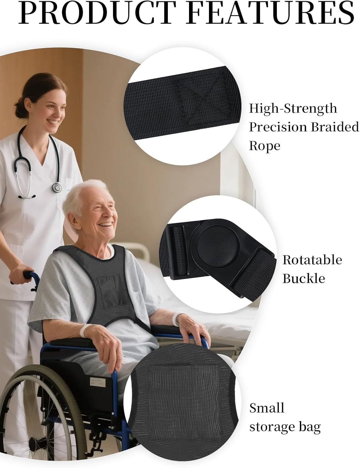 Wheelchair Seat Belt Harness for Adults, Adjustable Safety Vest with Pocket, Chest Harness Strap for Elderly Seniors and Disabled Patients to Prevent Sliding – Black