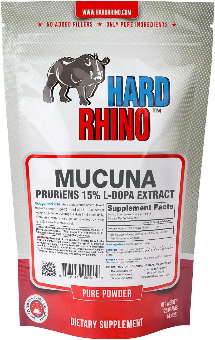 Hard Rhino Mucuna Pruriens 15% Standardized Extract Powder, 250 Grams (8.8 Oz), Lab-Tested, Scoop Included
