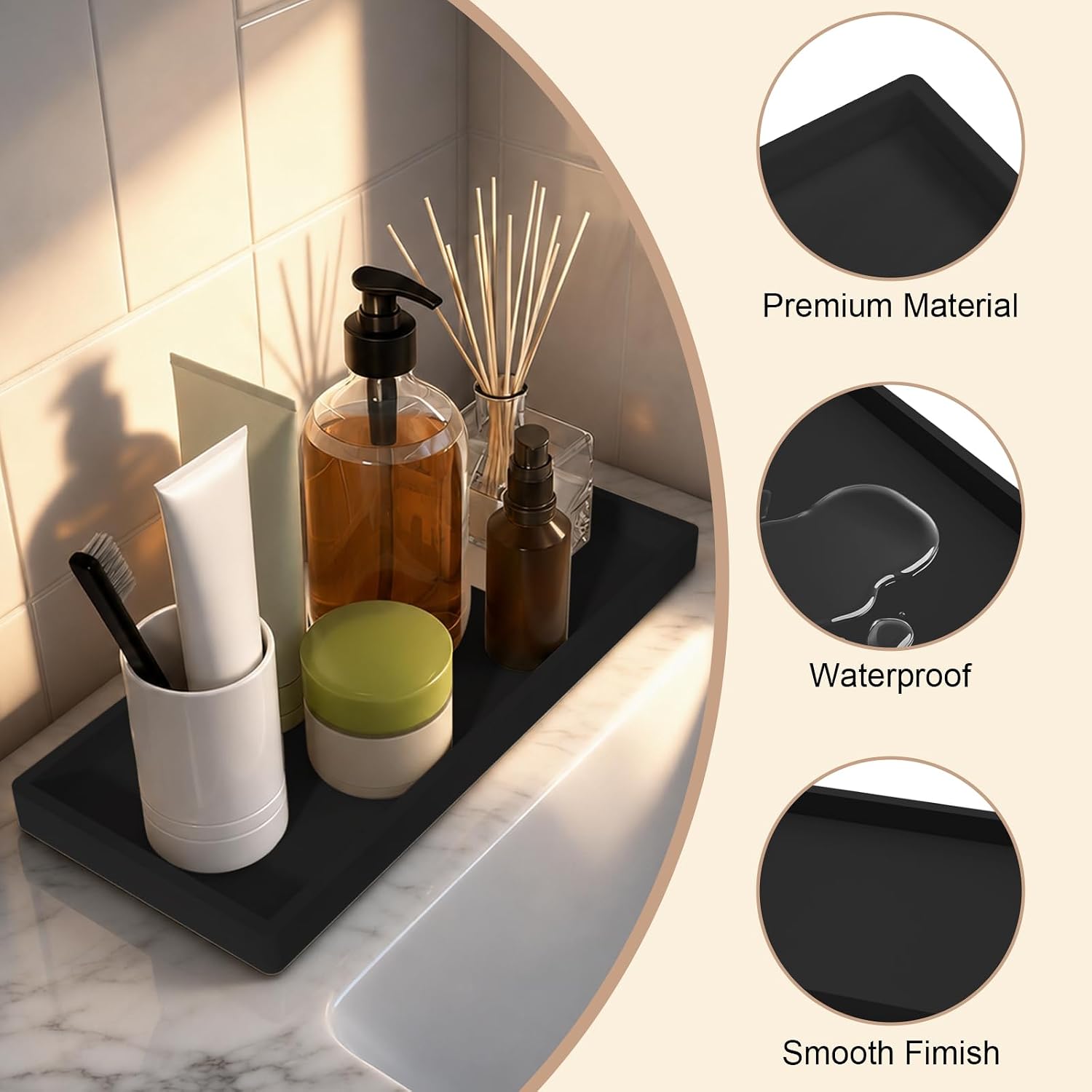 Bathroom Vanity Tray, 7.8 x 3.9 Inch Silicone Bathroom Tray Countertop, Non-Slip Decorative Tray for Bathroom, Kitchen, Toilet to Organize Perfume, Jewelry, Soap, Waterproof, Black image 2
