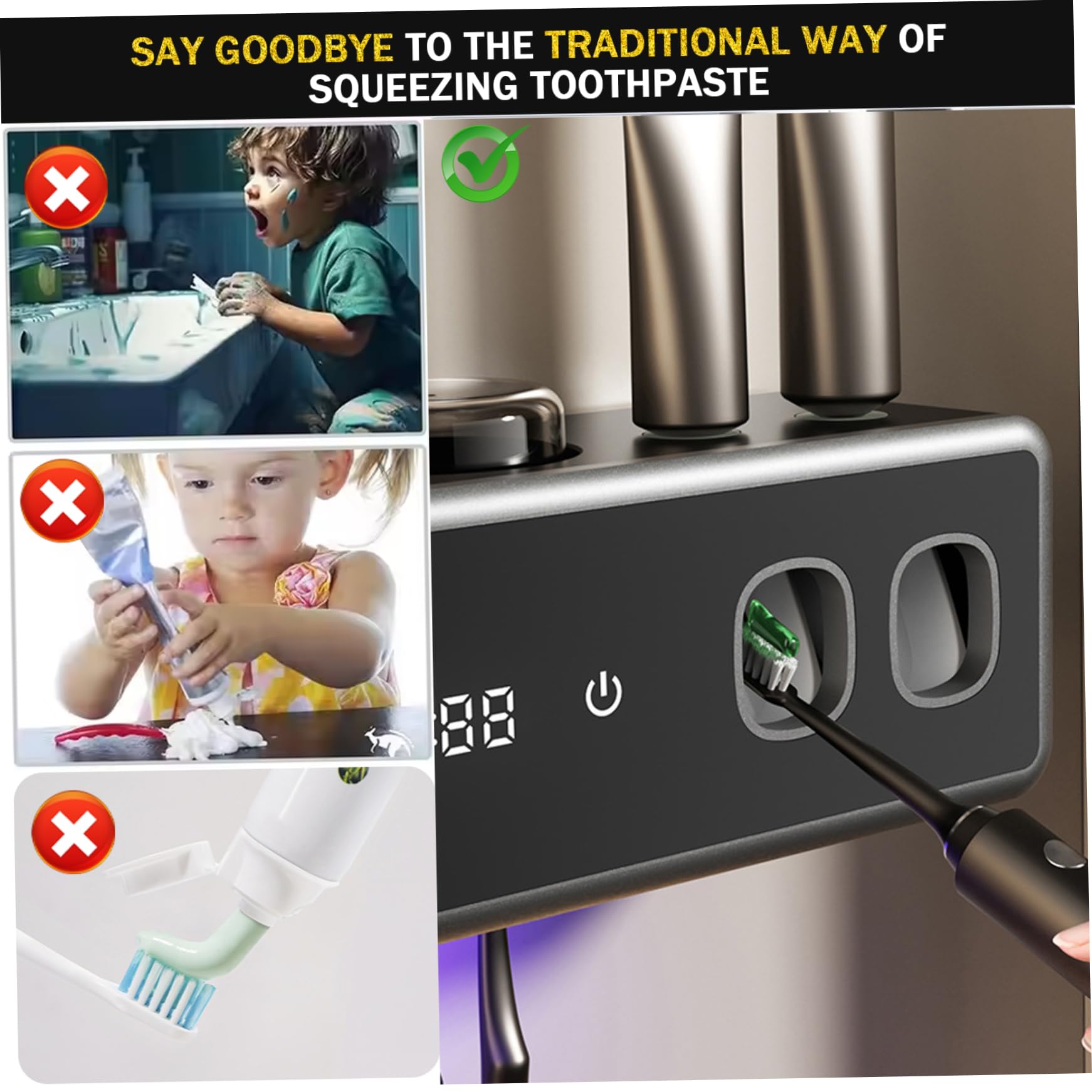 Soporte Inteligente para cepillos de Dientes montado en la Pared con UV, dispensador automático de Pasta de Dientes, Organizador de cepillos de eléctrico con función de Secado, Negro