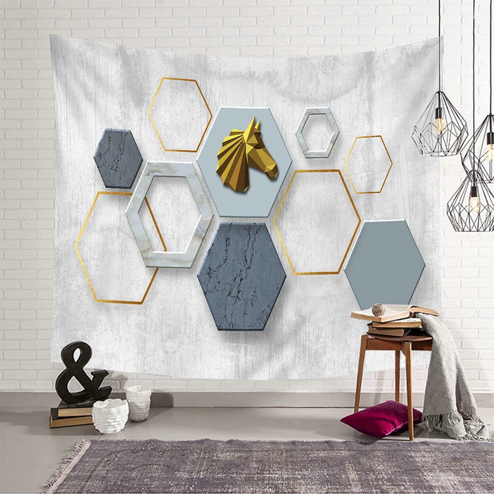 Tapiz de pared de diseño hexagonal en poliéster gris y azul, el centro de atención de tu hogar