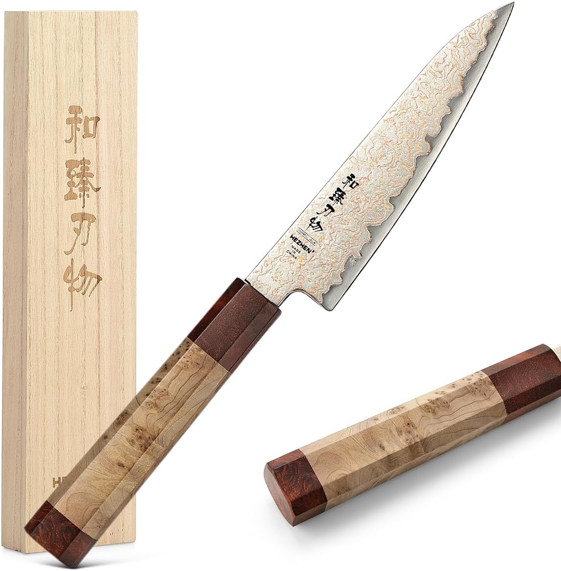 HEZHEN Kitchen Utility Knife, 5.5 Inches, 37 Layers Tricolor Copper Damascus Steel, Vegetable Fruit Knife, for Chefs and Home Cooking Using, Razor Sharp,Sycamore Wood Handle