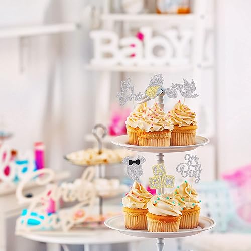 Miniatura 6 de 24 piezas Oh Baby Boy Cupcake Toppers Silver Glitter Enterizo Botella Cisne Baby Shower Boy Cupcake Picks Género Reveal Theme Baby Shower Niños