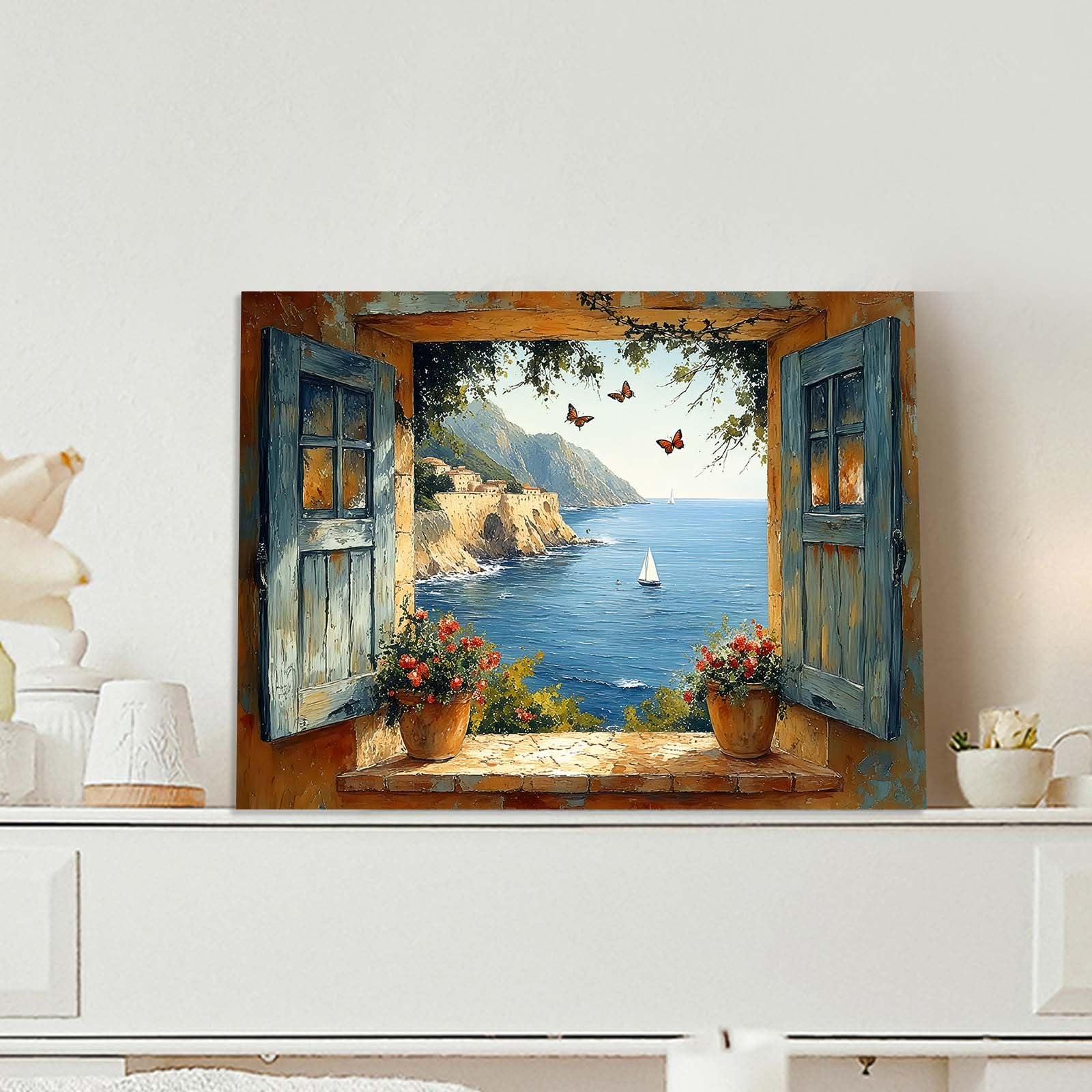 Framed Canvas Wall Art 12x16 Inch Mediterranean Coastal Window View Artwork Ocean Sailboat Wall Canvas Pictures for Living Room Bedroom Hallway Wall Decoration Prints with Hooks Magic Tape and Nails — view 3
