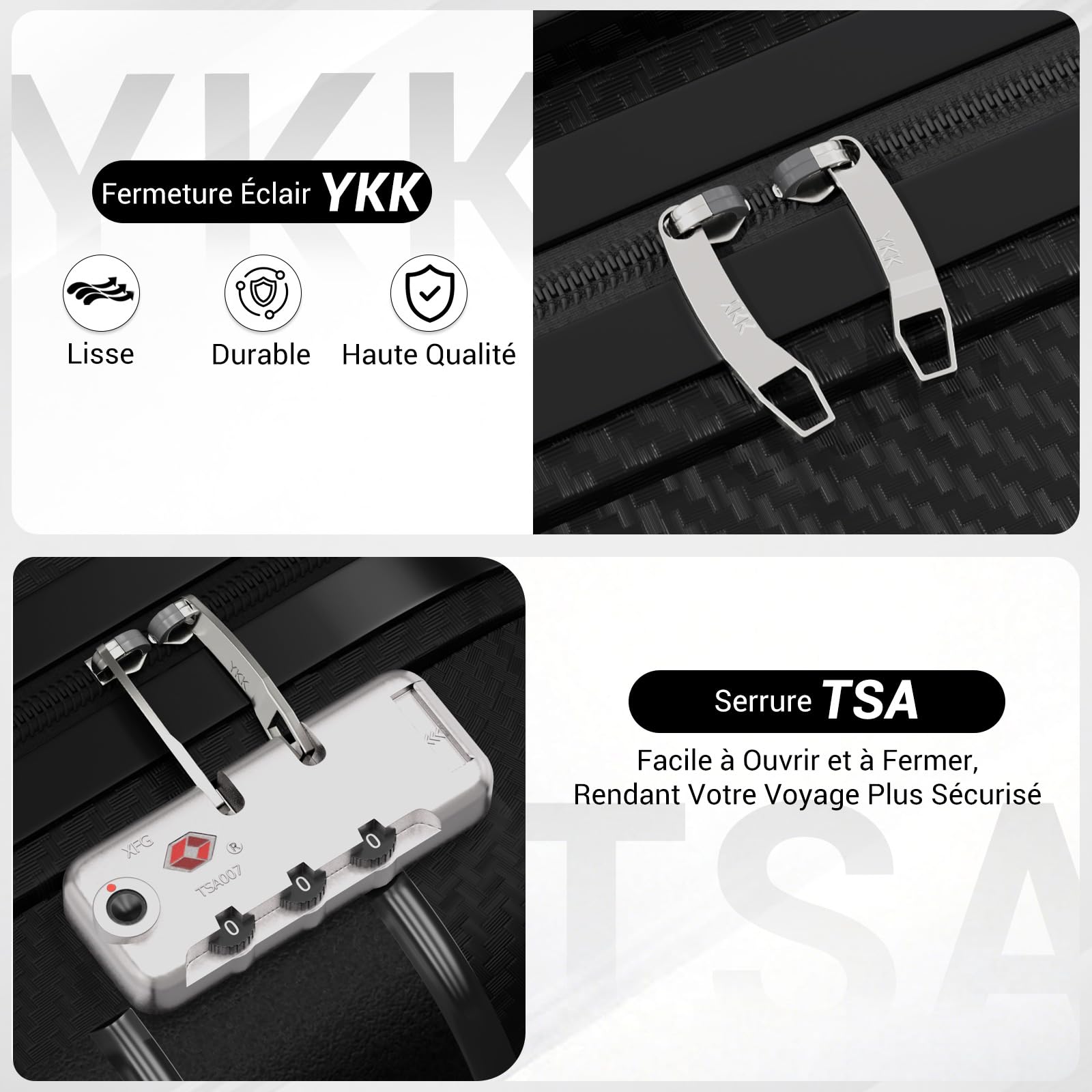 Kono Valise Moyenne Trolley Rigide en PP avec Serrure TSA（Noir, M）