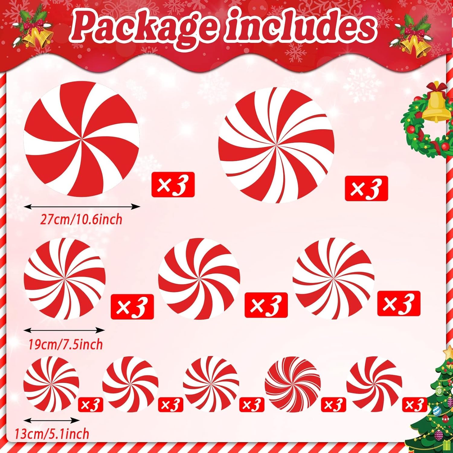30 Pcs Peppermint Cutouts Large Christmas Peppermint Candies Home Classroom Decorations Candy Cut Outs with Adhesive Point Dots for Winter Bulletin Board School Christmas Party(Red & White)