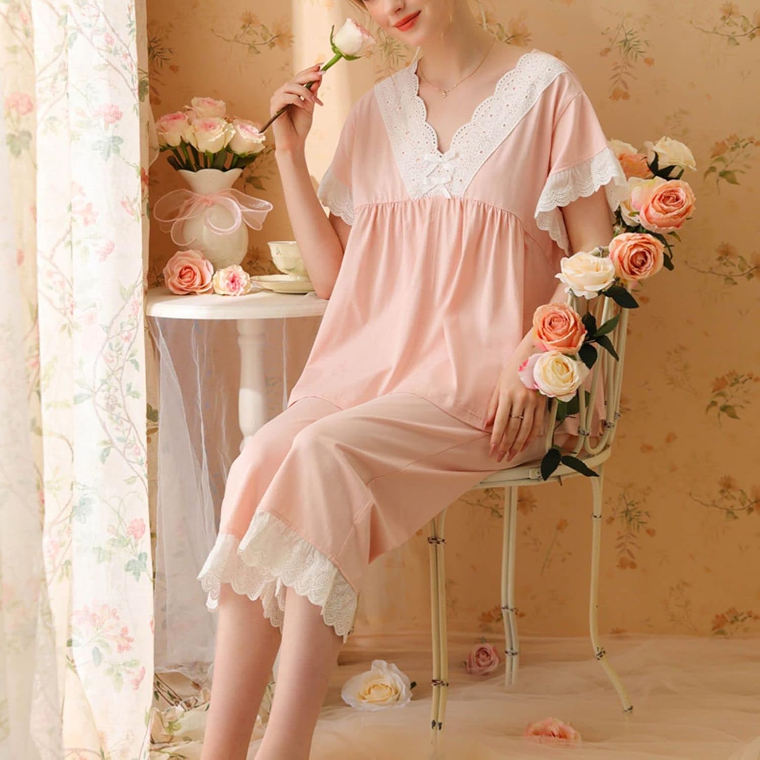 Women's Cute Cotton Pajama Set Summer 2 Piece V Neck Lace Sleeping Shirt Capri Pants Set Soft Comfy Sleepwear