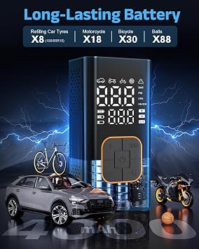 Tyre Inflator Air Compressor, Cordless Electric Car&Bike Tyre Pump | With Dual Values Display, Digital Pressure Gauge 150 PSI, LED Light, Portable Tyre Inflator for Car/Bicycle/Motocycle/Ball