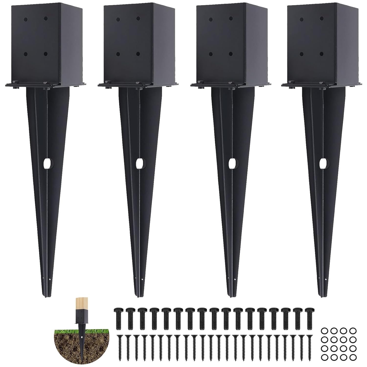 4 Pcs 4"x4" Fence Post Anchor,（Inner Size 3.6"x3.6"） Heavy Duty Fence Post Anchor Ground Spike 22" with Black Powder-Coated Outdoor Support Deck,Fence,Porch,Railing,Mailbox..