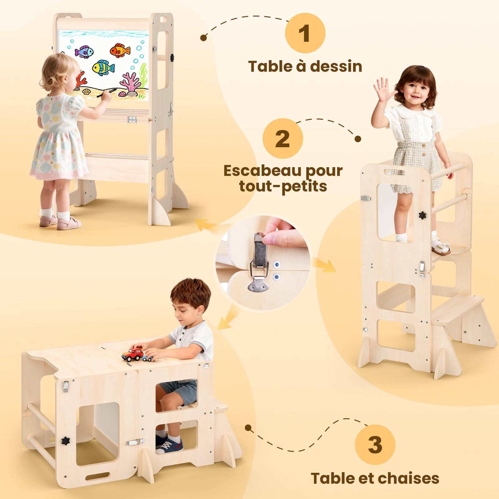 Torre Montessoriana Bambini da 1 Anno, 4 in 1 Torre Montessoriana Pieghevole per L'Apprendimento in Piedi, Torre Montessori con Lavagna e Lavagna Bianca, Regalo per Bambini e Bambine da 1 a 3 Anni