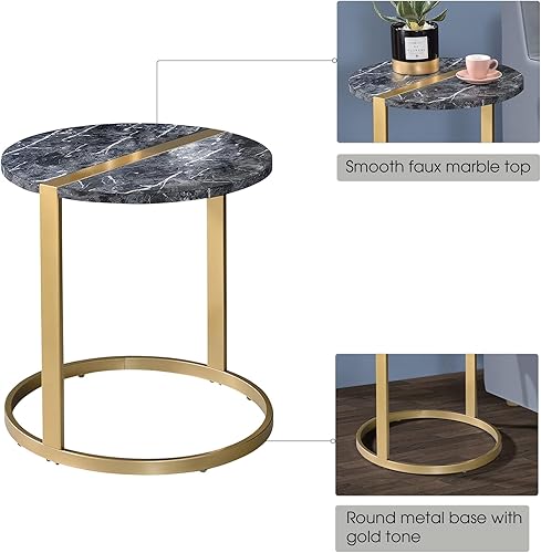 Miniatura 4 de Milhelm - Mesa auxiliar redonda contemporánea de mármol sintético de 18 pulgadas con base dorada abierta para sala de estar, dormitorio, oficina en